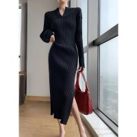 【HOT】 ins black dress female 2023 autumn new long-sleeved self-cultivation and thin temperament Hepburn style knitted