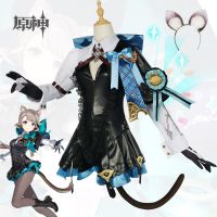 Lynette Cosplay Genshin Impact Costume Fontaine Lyney Leather Uniform Dress Long Hair Ears Skirt Glove Outfit Tail Magician