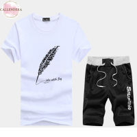 2 Pieces Men Sports Suit Summer Casual Large Size Short Sleeves Feather Printing Shirt Shorts Two-piece Set