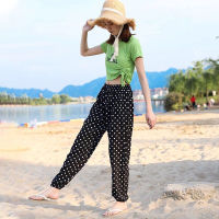 กางเกง Summer Thin Sunscreen Cool Beach Pants Light Lun Pants Sweat-absorbing Anti-Mosquito Sun High Waist Wide Leg 9-Point Pants