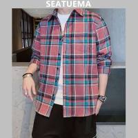 SEATUEMA เสื้อผู้ชายเกาหลีรุ่นเทรนด์ลายสก๊อตพิมพ์ลายใหม่หลวมหล่อชายหนุ่มเสื้อลำลองแจ็คเก็ตด้านบน