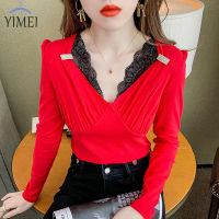 YIMEI 2023ใหม่ของผู้หญิง M ~ 3XL อาวุโสความรู้สึกลูกไม้คอวีเทศกาลสีแดง Bottoming เสื้อแขนยาวความรู้สึกการออกแบบจีบเสื้อยืดผู้หญิง