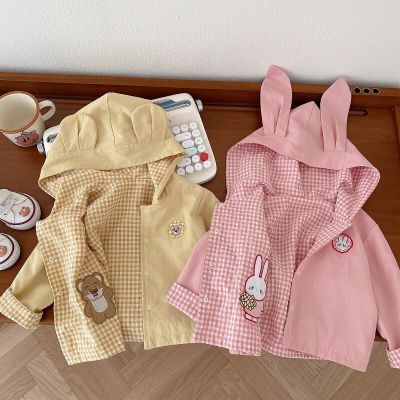 2023 Autumn Children Boy Girl Jacket 0-5Years Kids Baby Double Side Wear Cartoon Bear Rabbit Hooded Plaid Coat Outwear Clothes