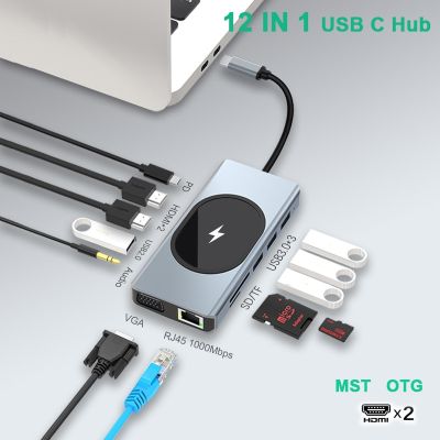 USB ฮับต่อพ่วงที่มี Dual HDMI จอภาพ VGA Gigabit Ethernet ที่ชาร์จแบบไร้สาย RJ45 100W PD Sd/tf สำหรับ MacBook Pro Huawei Lenovo Feona