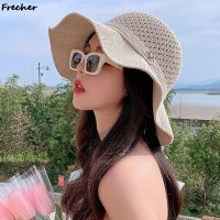 【CC】 Women  39;s cap female Beach bow openwork knit bucket hat folding outdoor travel shade fisherman