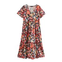 ZZOOI KPYTOMOA Women 2020 Chic Fashion Floral Print Pleated Midi Dress Vintage V Neck Short Sleeve Female Dresses Vestidos Mujer