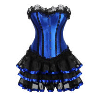 Victorian Corset Dress ผู้หญิง Lace Trim Overbust Corset Top เซ็กซี่ Mini Tutu กระโปรง Showgirls Clubwear เต้นรำเสื้อผ้า Blue