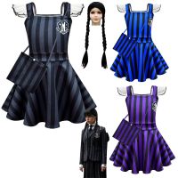 ■ Cossky Addams Wednesday Children Skirts Short Sleeved Halter Ballet Dress Kids Bag Wig Girls Halloween Cosplay Cute Dress