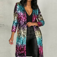 Sexy Sequined Woman Clothing Long European Style Bling Trench Female Cardigan Party Woman Coat