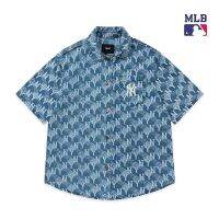 รุ่นสูง .mlb เสื้อแจ็คเก็ตแขนสั้นผ้ายีนส์พิมพ์ลายเต็มแบรนด์แฟชั่นใหม่ logo การนำเสนอหลายเหลี่ยม