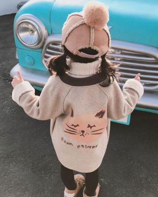 Spring Autumn Kids Jacket For Girl Cat Print Back Long Sleeve Wool Children Girl Outerwear Fashion Toddler Baby Coats Clothes