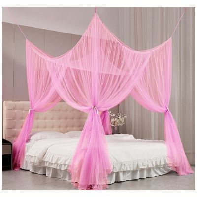 【LZ】✚☼✧  Pink Mosquito Net Palace Four Door King/Queen Double Size Home Single  Bed Prevent Insect Outdoor Square Grace White Canopy Net