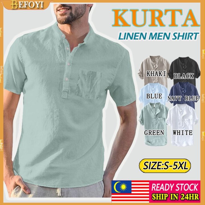 ready-stockkemeja-lelaki-mens-shirt-linen-casual-t-shirts-kurta-henry-collar-short-sleeved-muslimah-raya-plain-lelaki-baju-berkolar-tops