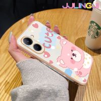 Jlingji เคสสำหรับ Realme C33 C55 N55 C33เคส2023น่ารักลายหมีสีชมพูใหม่ขอบตารางพื้นผิวชุบซิลิก้าเจลนิ่มเคสมือถือกันกระแทกรวมทุกอย่างฝาครอบป้องกันเลนส์กล้องถ่ายรูป