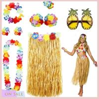 ON SALE 8PCS Hula Skirt Costume Hawaiian Dancer Dress Set with Flower Bikini Top