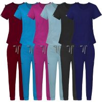 XS-2XL 8 Colors V-neck Short Sleeved Pockets Nursing Working Top Jogger Pants Uniform Solid Breathable Soft Women Work Wear Suit