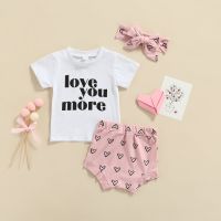 Citgeett Summer Valentine’s Day Infant Baby Girls Outfits Short Sleeve Letter Print Tops + Heart Shorts + Headband Clothes Set  by Hs2023