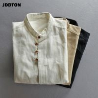 {Puffy menswear}JDDTON ผู้ชาย39; S ผ้าฝ้ายผ้าลินินเสื้อแขนยาวสีทึบสบายๆนุ่มสไตล์จีนยืนปกเสื้อชายเสื้อหลวม7XL JE519