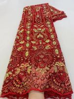 Red  Latest Nigerian Lace Fabrics Fashion Women African Tull Lace  Luxury  Handmade Bead sequins Fabrics For Wedding 5Yards Fabric  Material