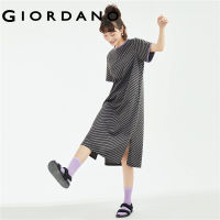 *GIORDANO Women Dresses Scalloped Sew Stripe Fashion Dresses Summer Short Sleeve Crewneck Comfort Relaxed Casual Dresses 18463609