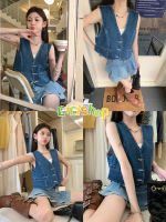 Cici(609)Jeans vest เสื้อกั๊กครอปยีนส์ดีเทลกระเป๋าหน้า แมตช์ง่ายทรงสวยสไตล์เกาหลี