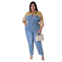 ผู้หญิงสวยใหญ่ยีนส์ Jumpsuit แขนยาวเย็บปะติดปะต่อหญิง Rompers Girls Streetwear Overalls Ladys Plus Size Jean Jumpsuit