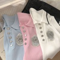 【CC】✱✇  Fashion Preppy Color Matching Short Sleeved Silk Knitted Polo Shirt Top