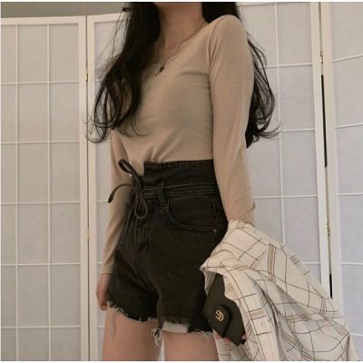 Awesome Version Korea ins Homemade Irregular High Waist Laced-Up a-Line All-Match Hot Pants Distressed Ripped Denim Shorts Summer Must-Have One Item