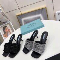 2023 spring and summer high-heeled Pradaˉsuper hot star the same style rhinestone kitten heel super hot high-heeled flat slippers