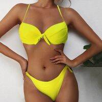 【LZ】❂  Novo 2 Peices Swimwear Mulheres Maiô Sexy Push Up Micro Biquínis Moda Cor Sólida Biquíni Pad Swimwear Maiô Beachwear Set