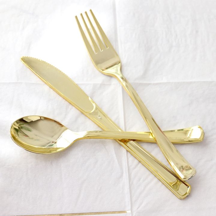 cw-10-pcs-foil-gold-roes-plastic-cutlery-set-cutlery-set-dinner-fork-birthday-household-supplies