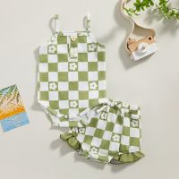 Summer New Baby Girl Rompers Fashion Checkerboard Floral Print Sleeveless Button Jumpsuit and Ruffle Shorts 2PCS Toddler Outfits  by Hs2023