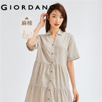 GIORDANO Women Dresses Linen Cotton Lightweight Tiered Dresses V-Neck Button Closure Short Sleeve Casual Maxi Dresses 05463349