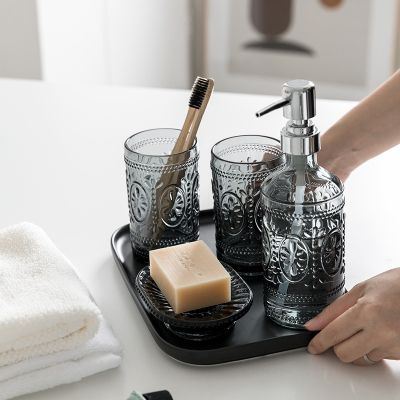 【jw】◊☫  banheiro escova copo de sabão vidro do cinco peças titular imprensa loção dispensador recipiente acessórios produtos higiene pessoal
