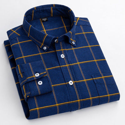 100 Cotton Mens Oxford Casual Shirts Luxury Long Sleeve Thick Regular Fit Button Up Collar Big Checked Leisure Work Shirt