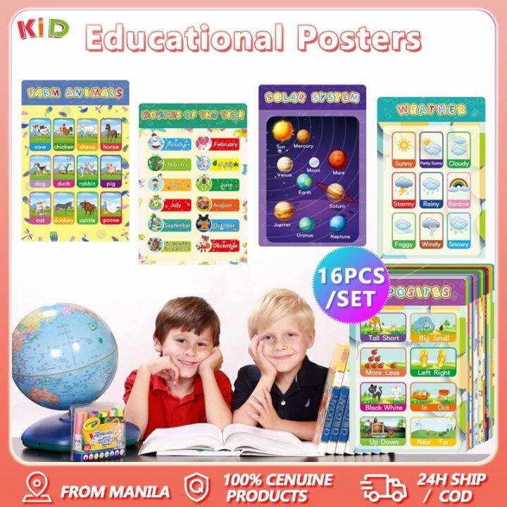 16pcs Big educational charts for kids wall laminated educational charts