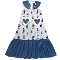 P007-055 PIMNADACLOSET - Sleeveless Crew Tie Neck Stripe Bear Print Cotton Jean Midi Dress