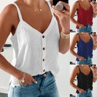 Hot sell Womens Fashion Sleeveless T-Shirt Vest Casual Summer Tank Tops Solid Color V-Neck Button Shirts Female Summer Strap Top