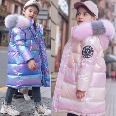 3-14 Years Old Winter Boys Girls Jacket Long Style Hooded Fur Collar Colorful Heavy Coat For Kids Children Outerwear
