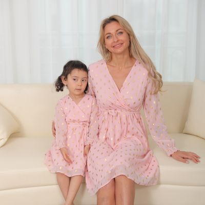 Spring Mother Daughter Macthing Dresses Family Set Sequin Mom Baby Mommy and Me Clothes Long Sleeve V-neck Women Girls Dress