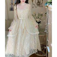 Spring Vintage Fairy Dress Women Lace Patchwork Lolita Party Midi Dress Female Korean Fashion Princess One Piece Dress