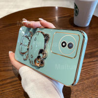 เคส Y02t Y02s สำหรับ Vivo Y02 Y02A พร้อมขายึดขาตั้งกระจกแต่งหน้าแมวน่ารักกรอบสี่เหลี่ยมชุบ6D สุดหรูกรอบมันวาวซิลิโคนนิ่มกรอบด้านหลังกันกระแทกกรณีที่โทรศัพท์ของผู้ถือเงางาม