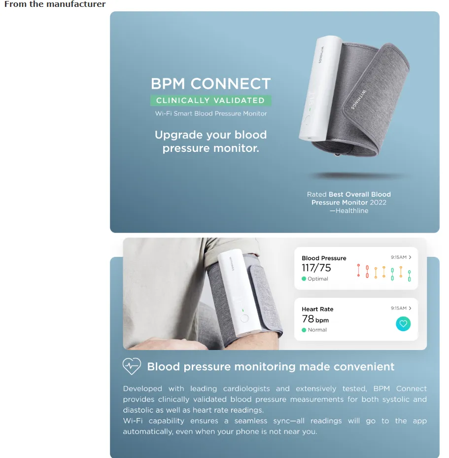 Withings BPM Connect - Digital Blood Pressure Cuff & Heart Rate Monitor -  Blood Pressure Machine Arm Cuff, FDA Cleared, FSA/HSA Eligible, IOS 