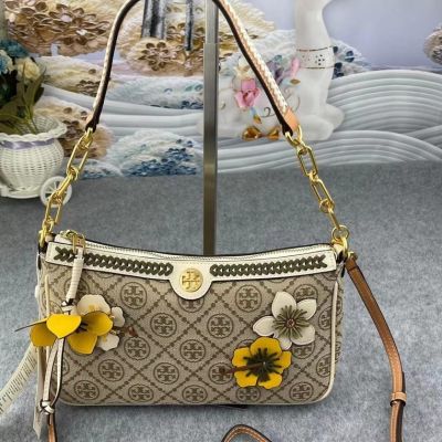 2023 new Tory Burch Ladys 2022 T Monogram Braided Flowers Underarm Bag Shoulder Bag Crossbody Bag