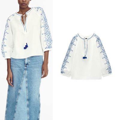 ♝เสื้อ Zaraเลื้อยดีไซน์สีขาวเสื้อเชิ้ตใหม่สำหรับฤดูร้อนรู้สึกผูกคอรอบคอแขนแจ็คเก็ตปักลายหลวม3564102