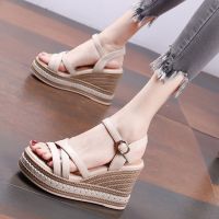 Wedge sandals women 2023 new summer thick at the end of a word buckle high heel fashion fish mouth sandals