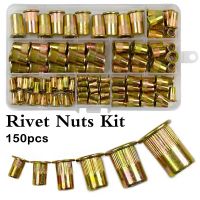 150pcs Carbon Steel Rivet Nuts Zinc Plated M3 M4 M5 M6 M8 M10 Nut Flat Head Insert Rivnut Set Multi Size