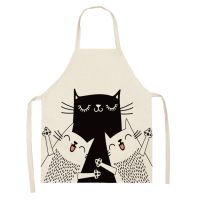 Cartoon Black White Cat Cute Pattern Printed Kitchen Aprons for Women Linen Bibs Household Cleaning Pinafore Home Cooking Apron