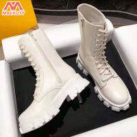 MBeauty Martin Boots Women S Thin Thick-Soled Heightened Lace-Up Ankle Boots All-Match Retro ส้นหนา Mid-Tube รถจักรยานยนต์ Boots