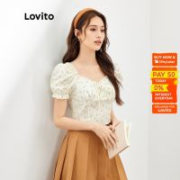 COD dhdfxcz Lovito Casual Floral Bow Front Frill Side Zip Square Neck Blouse for Women L47ED121 (Light Yellow)